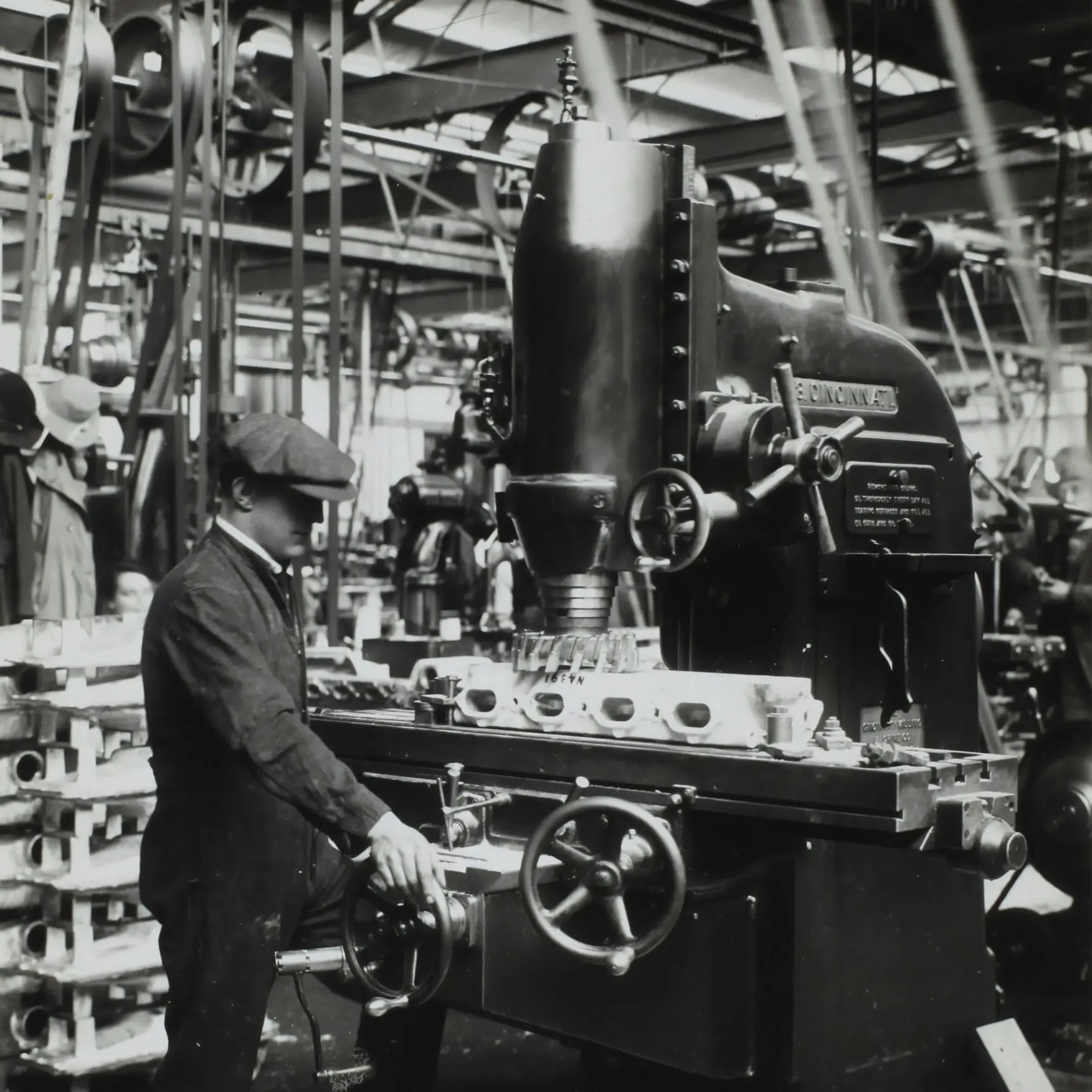 grayscale photography of man facing mechanical machine
